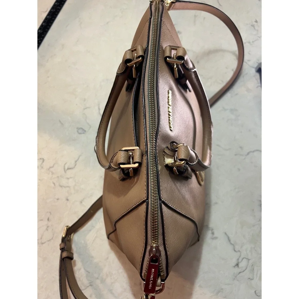 Michael Kors Saffiano Leather Satchel Bag Tan Gold Hardware Crossbody 30S4GTVS6L